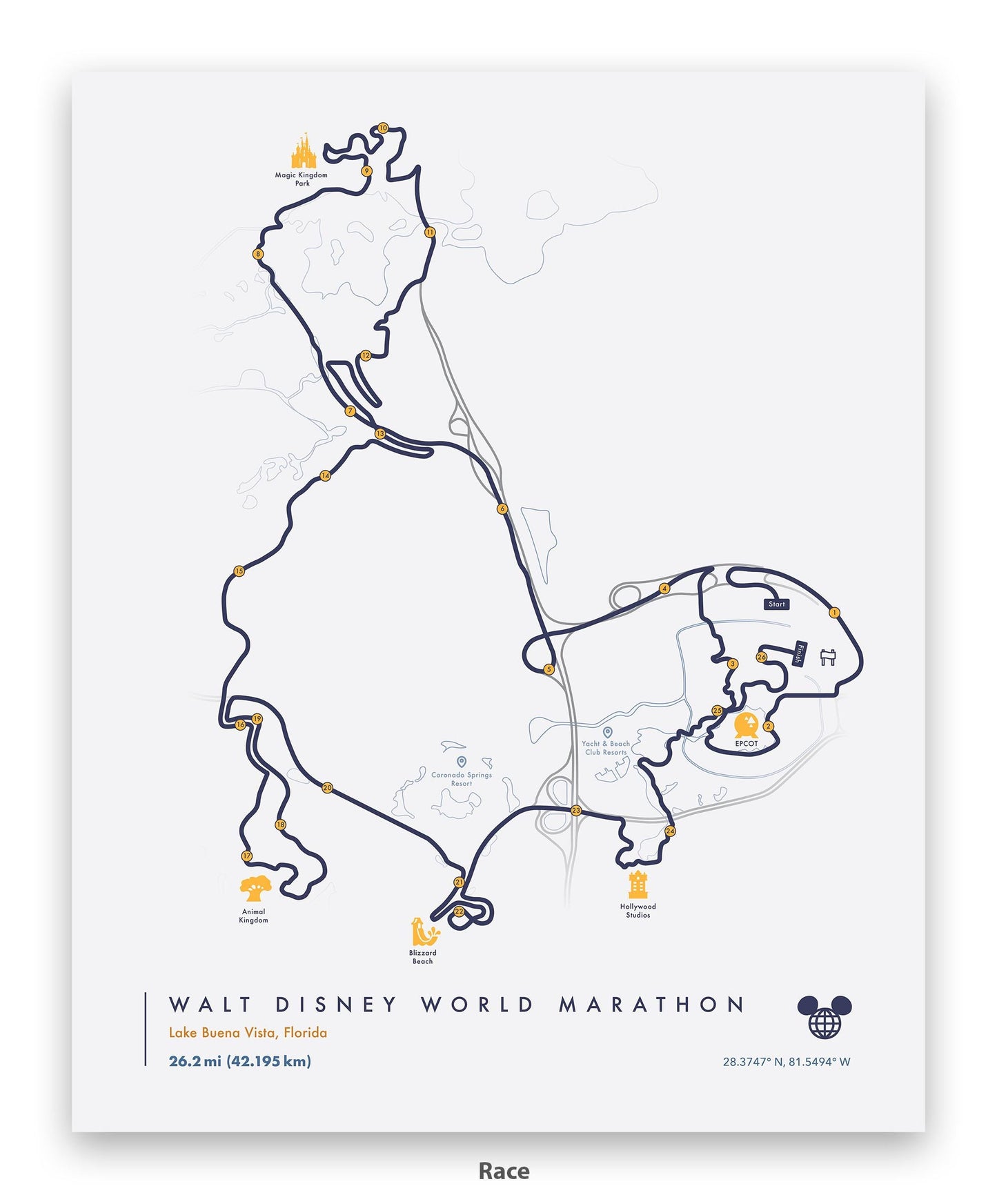Disney World Marathon Route Map Poster (Personalized)