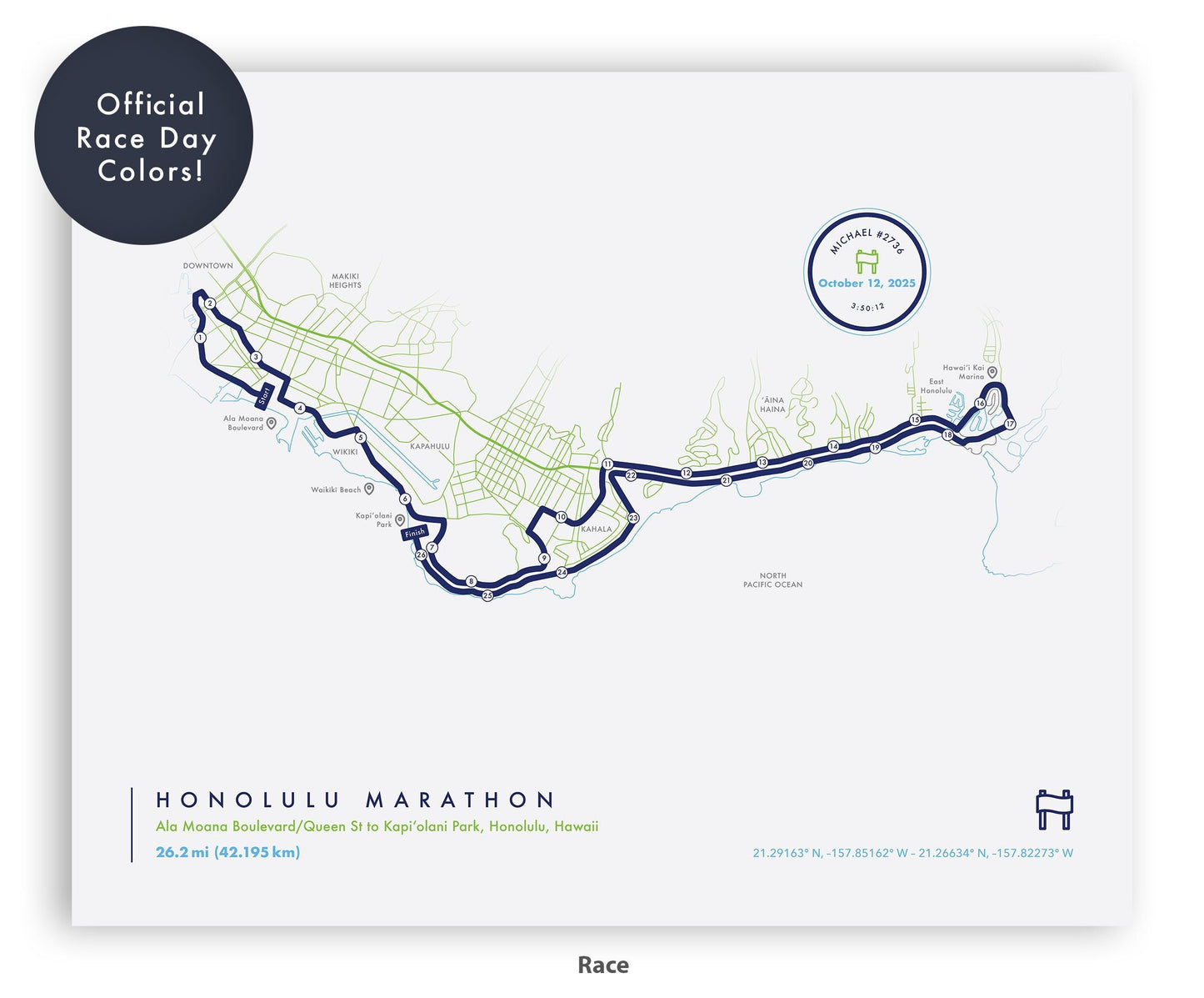 Honolulu Marathon Route Map Poster (Personalized)